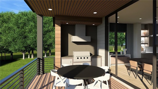 wooden deck with a yard, outdoor dining area, and a grill