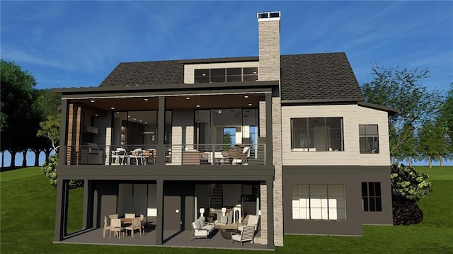 rear view of property featuring a balcony, a lawn, a chimney, and a patio