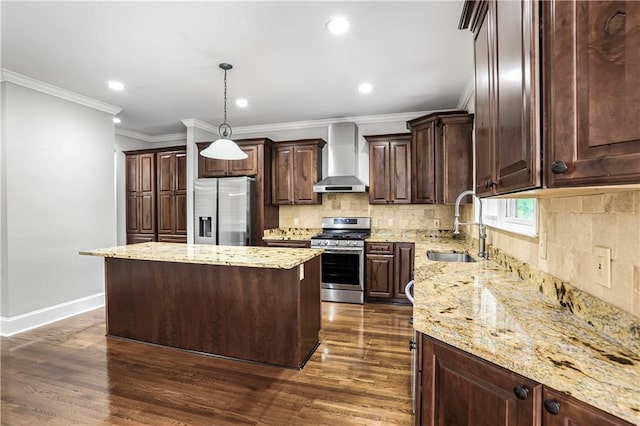 740 Creek Wind Ct, Duluth, GA 30097 - kitchen with stainless steel appliances, wall chimney exhaust hood, a sink, dark wood-style floors, and recessed lighting