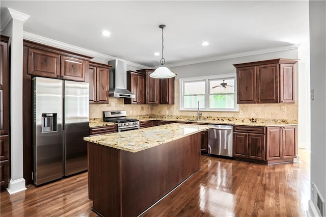 740 Creek Wind Ct, Duluth, GA 30097 - kitchen with stainless steel appliances, wall chimney exhaust hood, dark wood-style floors, backsplash, and a center island