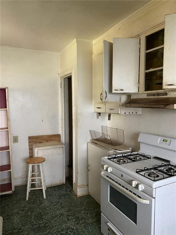 2689 Knox St NE, Atlanta, GA 30317 - kitchen with open shelves, gas range gas stove, and under cabinet range hood