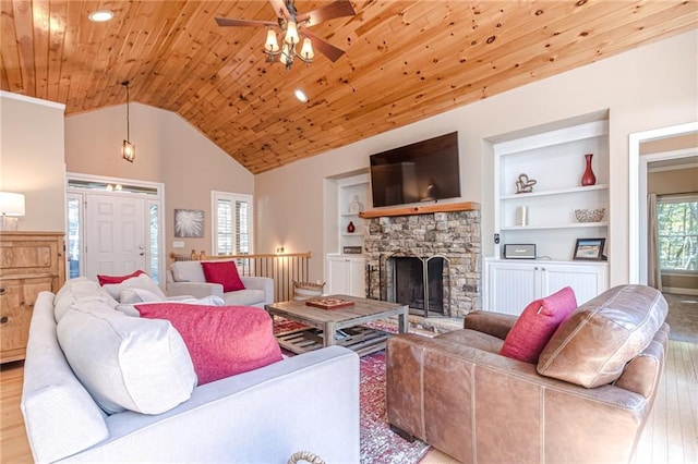 living room with light wood-type flooring, a fireplace, built in features, wooden ceiling, and high vaulted ceiling