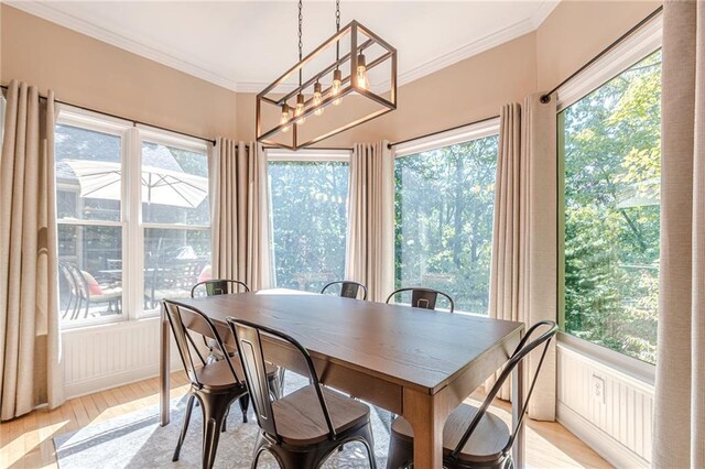 dining room with light hardwood / wood-style flooring, ornamental molding, and a healthy amount of sunlight