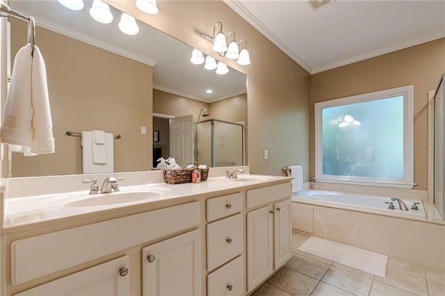 bathroom featuring vanity, shower with separate bathtub, ornamental molding, and tile patterned flooring