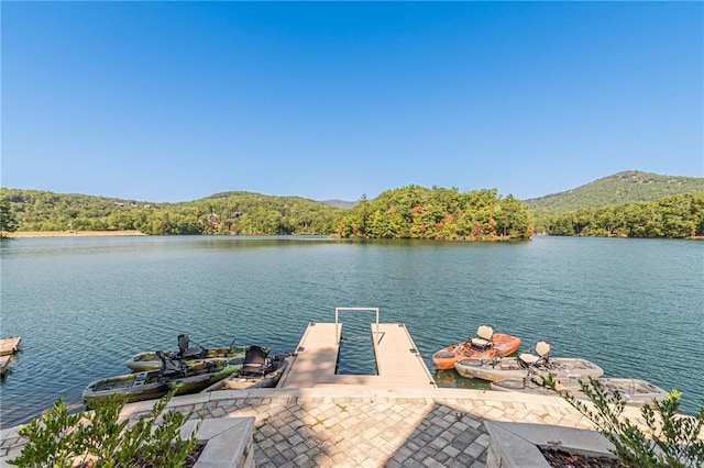 view of water feature featuring a mountain view and a boat dock