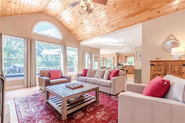 living room with a wealth of natural light, light hardwood / wood-style flooring, ceiling fan, and wooden ceiling