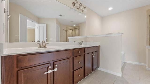 705 Ayala Pl, Alpharetta, GA 30004 - full bathroom with double vanity, a sink, tile patterned floors, and a shower stall