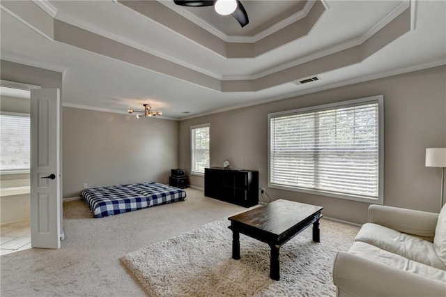 595 Stonepark Ln, Suwanee, GA 30024 - bedroom with a raised ceiling, crown molding, carpet flooring, and ceiling fan