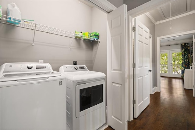1003 N Ave NE, Atlanta, GA 30306 - laundry area featuring attic access, washing machine and clothes dryer, dark wood finished floors, crown molding, and french doors