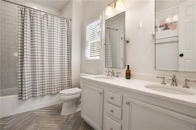 1003 N Ave NE, Atlanta, GA 30306 - full bathroom with toilet, double vanity, and shower / bath combination with curtain