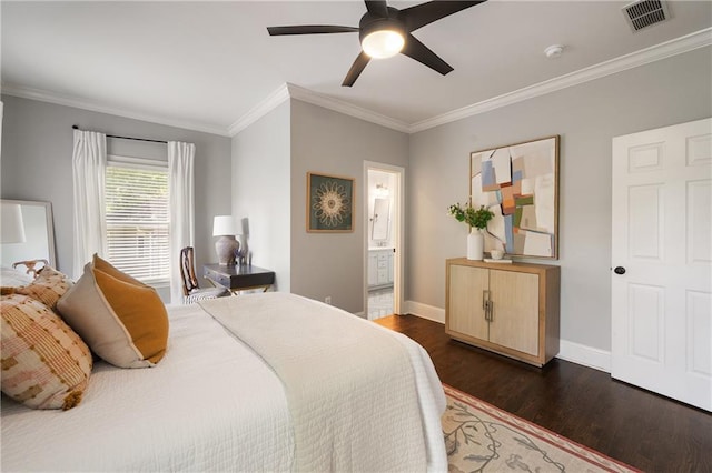 1003 N Ave NE, Atlanta, GA 30306 - bedroom featuring dark wood-style flooring, crown molding, baseboards, a ceiling fan, and ensuite bath