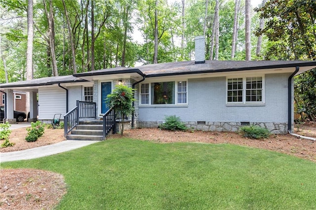 1443 Fama Dr NE, Atlanta, GA 30329 - ranch-style house featuring crawl space, a chimney, a front yard, and brick siding