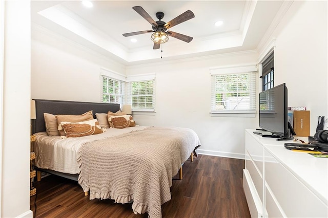 1443 Fama Dr NE, Atlanta, GA 30329 - bedroom featuring a raised ceiling, multiple windows, dark wood-type flooring, ornamental molding, and recessed lighting