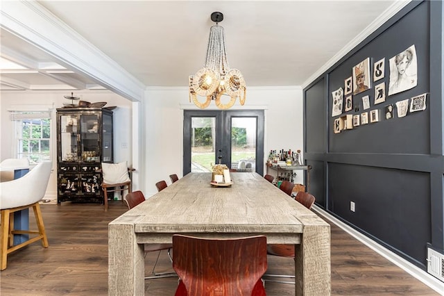 1443 Fama Dr NE, Atlanta, GA 30329 - dining area featuring a chandelier, dark wood-style flooring, french doors, and ornamental molding