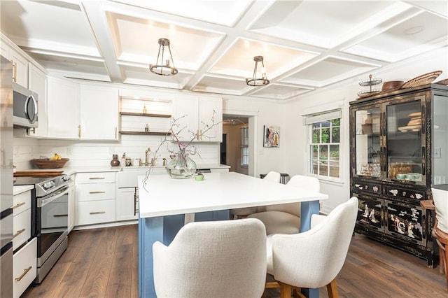 1443 Fama Dr NE, Atlanta, GA 30329 - kitchen with stainless steel appliances, white cabinetry, dark wood-type flooring, a kitchen breakfast bar, and a center island
