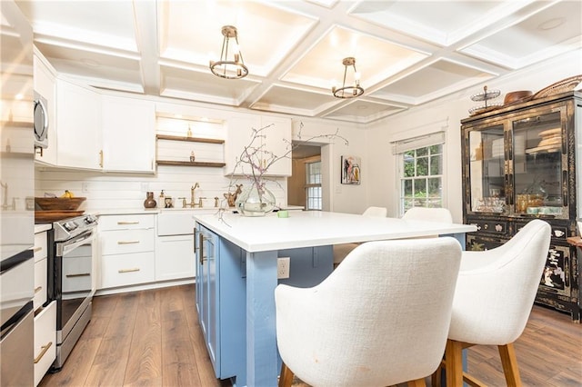 1443 Fama Dr NE, Atlanta, GA 30329 - kitchen featuring stainless steel electric stove, a kitchen island, white cabinets, open shelves, and coffered ceiling