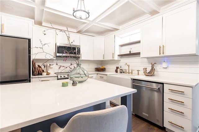 1443 Fama Dr NE, Atlanta, GA 30329 - kitchen with appliances with stainless steel finishes, coffered ceiling, open shelves, a breakfast bar area, and white cabinetry