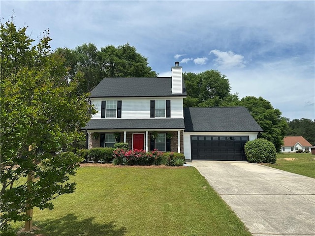 traditional home featuring concrete driveway, an attached garage, a chimney, and a front lawn