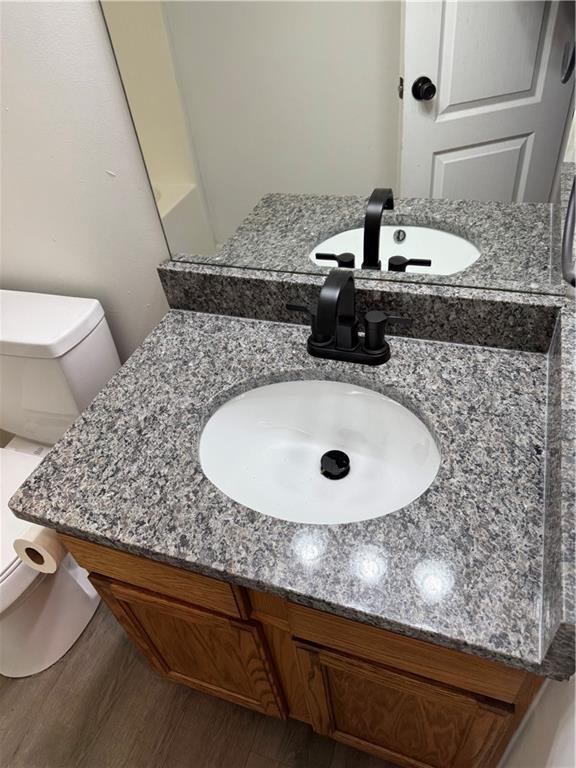 bathroom with vanity, wood finished floors, and toilet