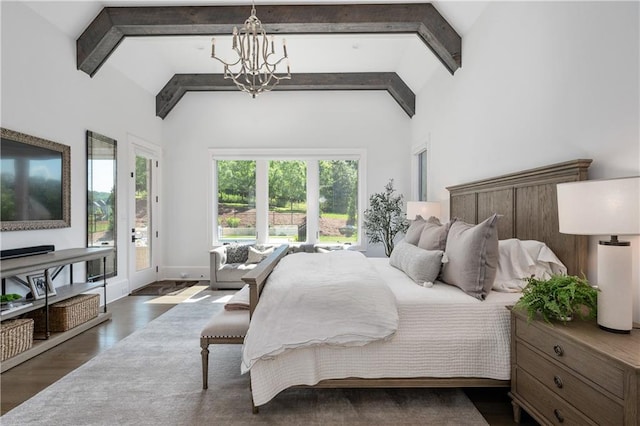 bedroom with a notable chandelier, high vaulted ceiling, access to exterior, beamed ceiling, and dark hardwood / wood-style flooring