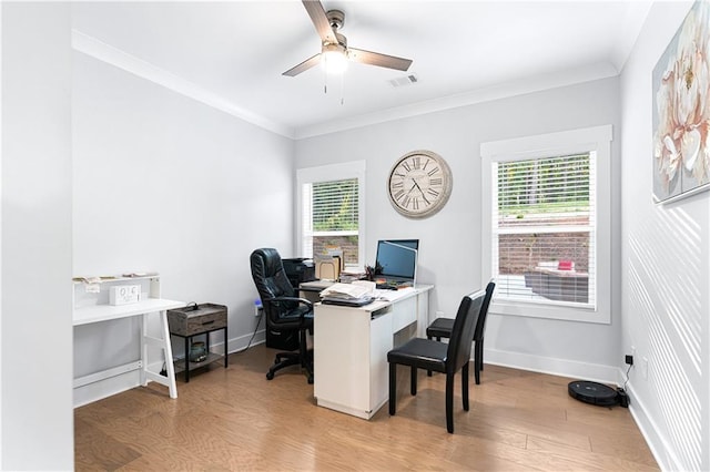 office with ceiling fan, light wood-type flooring, and ornamental molding