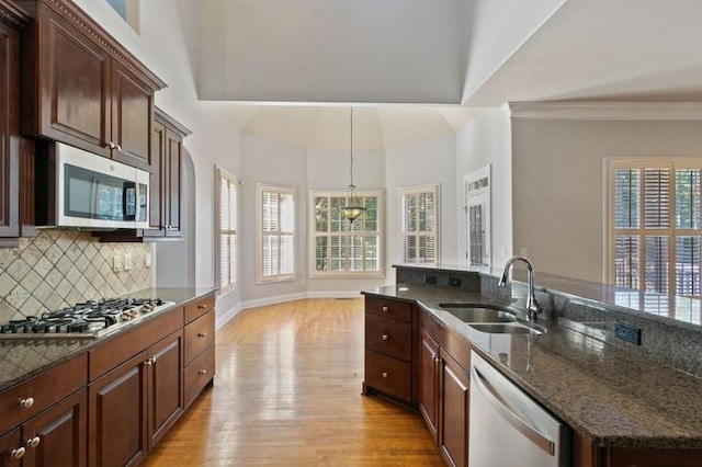 kitchen with sink, appliances with stainless steel finishes, light hardwood / wood-style flooring, and dark stone countertops