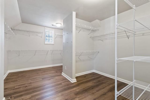 walk in closet with dark hardwood / wood-style flooring