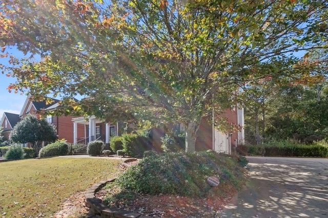 view of property hidden behind natural elements featuring a front yard