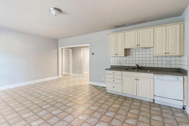 kitchen with decorative backsplash, dishwasher, cream cabinets, and sink