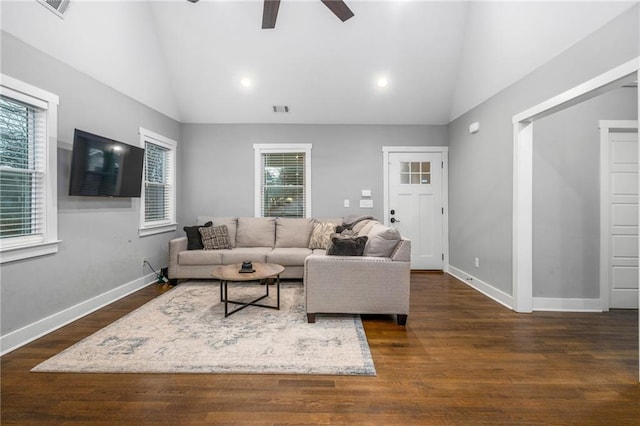 1375 Miller Reed Ave SE, Atlanta, GA 30315 - living area featuring a ceiling fan, baseboards, visible vents, and dark wood finished floors