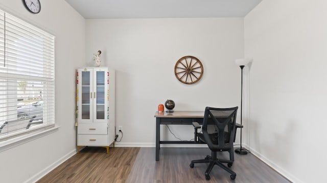 home office featuring dark hardwood / wood-style flooring