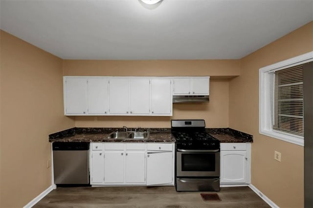 kitchen with sink, dark hardwood / wood-style floors, white cabinets, and appliances with stainless steel finishes