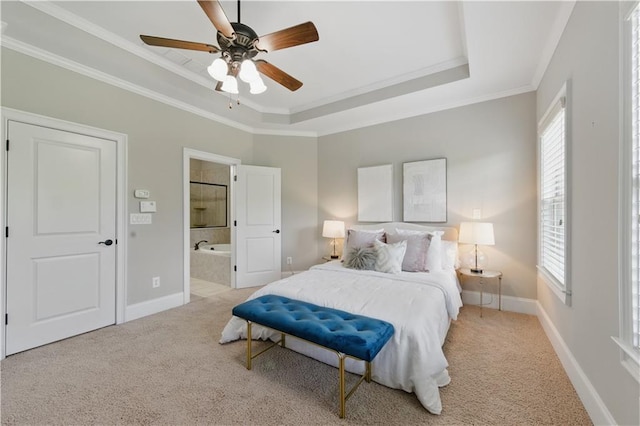 2828 Broughton Ln SE, Atlanta, GA 30339 - bedroom featuring light colored carpet, a tray ceiling, ornamental molding, baseboards, and ensuite bathroom