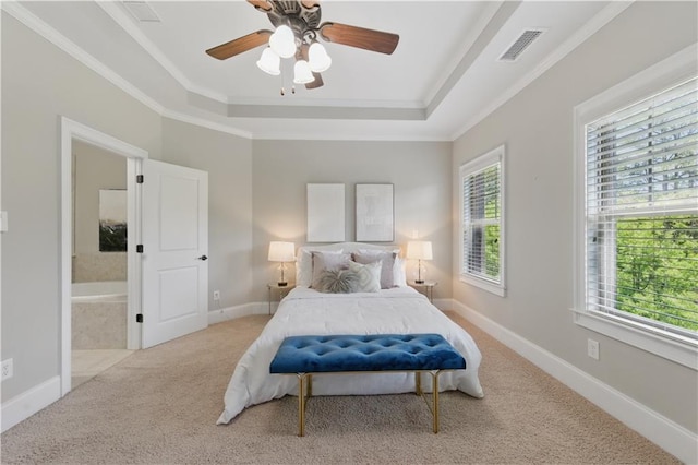 2828 Broughton Ln SE, Atlanta, GA 30339 - bedroom featuring a tray ceiling, carpet floors, ensuite bath, ornamental molding, and ceiling fan