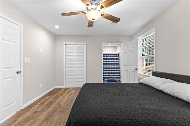 unfurnished bedroom with hardwood / wood-style flooring and ceiling fan