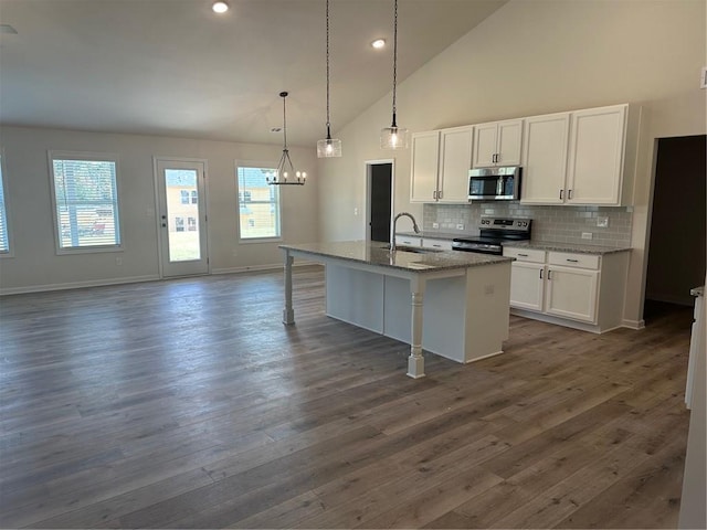 kitchen with dark hardwood / wood-style flooring, appliances with stainless steel finishes, white cabinetry, and an island with sink