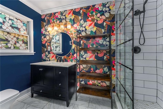 full bath with toilet, marble finish floor, ornamental molding, and a tile shower