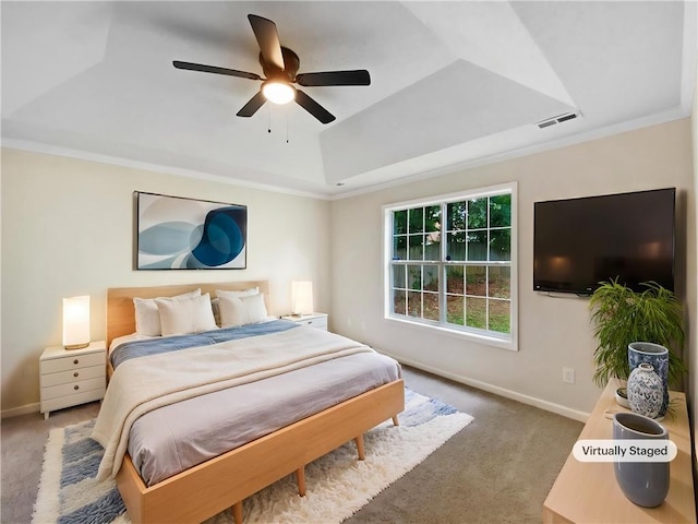 1792 Portwest Way, Hampton, GA 30228 - carpeted bedroom with a raised ceiling, baseboards, ornamental molding, and a ceiling fan
