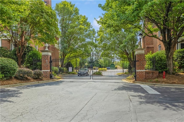 view of street with curbs, a gated entry, and a gate