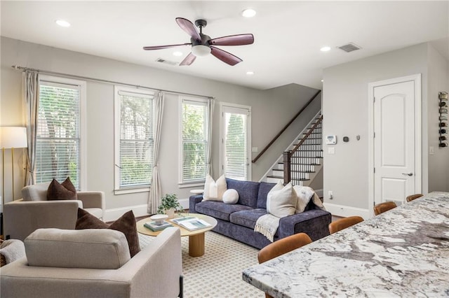 1202 Hardee St NE, Atlanta, GA 30307 - living room featuring ceiling fan, stairs, recessed lighting, and baseboards
