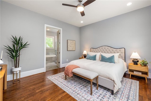 1202 Hardee St NE, Atlanta, GA 30307 - bedroom featuring baseboards, wood finished floors, recessed lighting, ensuite bathroom, and ceiling fan