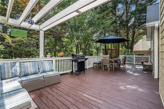 wooden deck featuring outdoor dining area, an outdoor hangout area, a grill, and a pergola