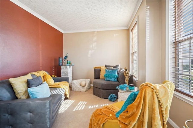 sitting room featuring carpet flooring, a textured ceiling, and ornamental molding