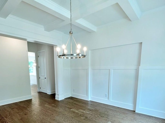 unfurnished dining area with beamed ceiling, an inviting chandelier, dark wood-type flooring, and coffered ceiling