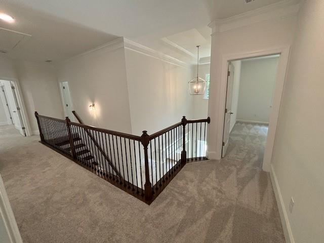 stairs featuring carpet, a notable chandelier, and ornamental molding