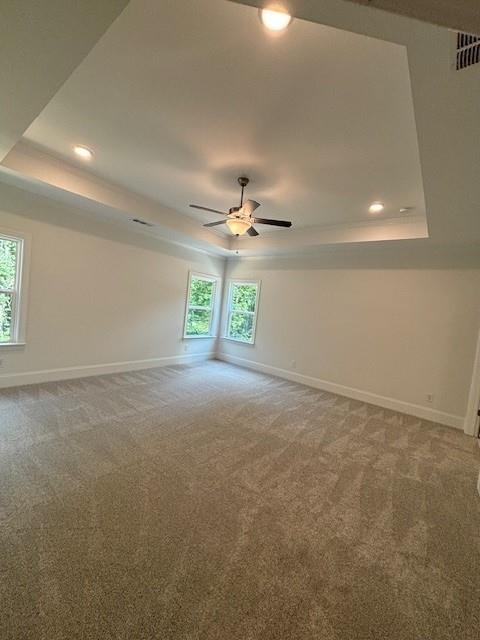 carpeted spare room with a raised ceiling, plenty of natural light, and ceiling fan