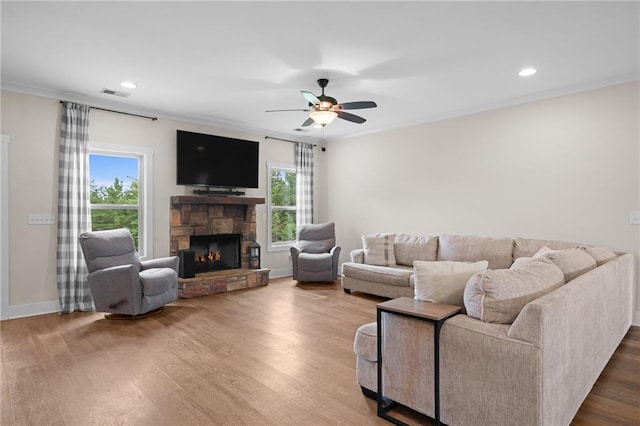 415 Stoneledge Rd, Jasper, GA 30143 - living room with wood finished floors, a fireplace, a ceiling fan, recessed lighting, and crown molding