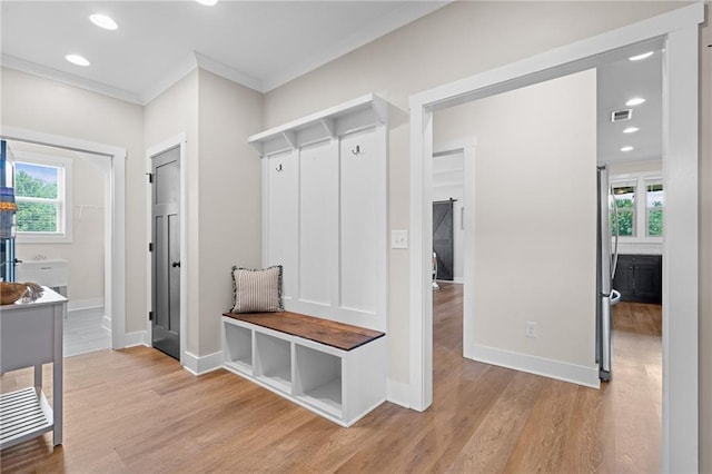 415 Stoneledge Rd, Jasper, GA 30143 - mudroom featuring healthy amount of natural light, ornamental molding, light wood-style floors, and recessed lighting