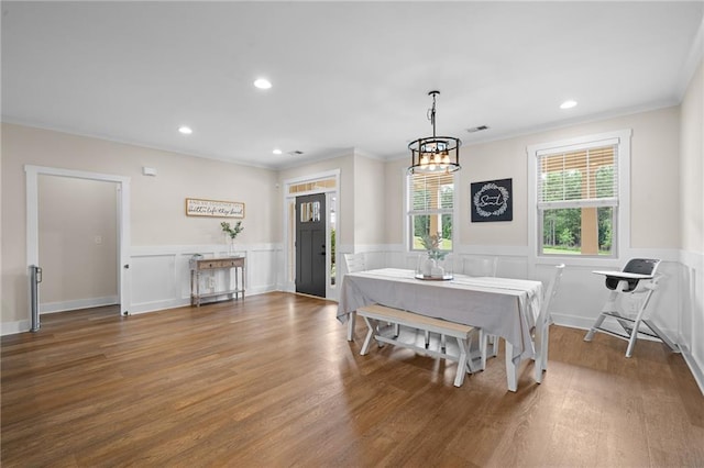 415 Stoneledge Rd, Jasper, GA 30143 - dining room featuring wainscoting, a chandelier, ornamental molding, recessed lighting, and wood finished floors