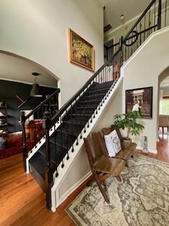 337 Long Shore Way, Newnan, GA 30265 - stairs with arched walkways, wood finished floors, and a towering ceiling